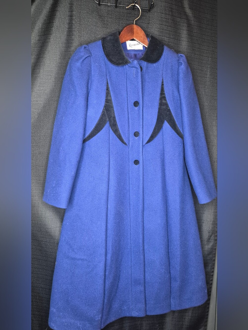Vintage-Royal Blue Wool Coat with Black Velvet Trim
